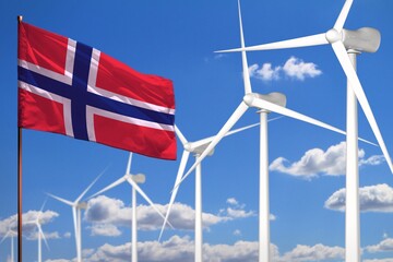 Norway alternative energy, wind energy industrial concept with windmills and flag industrial illustration - renewable alternative energy, 3D illustration