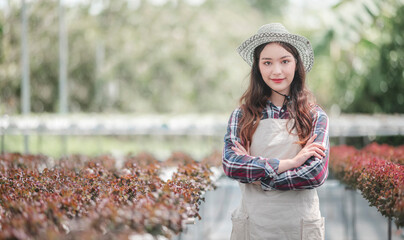 young beautiful farmer wearing hat, plaid shirt and apron with arms crossed, smiling and looking at camera while standing in greenhouse.