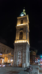 Clock tower in Old Jaffa at night, Tel-Aviv, Israel.