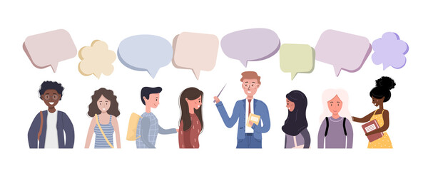 People talk to each other. Businessmen discuss social network. Friends chat with dialog speech bubbles. Modern vector illustration in flat style.