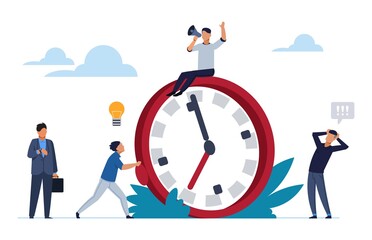 Deadline concept. Office people work in high stress. Flat cartoon vector illustration characters working overtime for effective organization process working