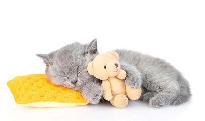 Cute baby kitten hugs favorite toy bear and sleeps on pillow.  Isolated on white background