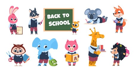 Obraz na płótnie Canvas School animal characters. Funny cartoon kids reading writing and studying at school, educational illustration. Vector illustrations cute young animals on white background
