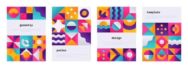 Geometric shape poster. Memphis journal cover with Swiss geometric composition, banner flyer with abstract bauhaus shapes. Vector geometrical colorful patterns or wallpaper set