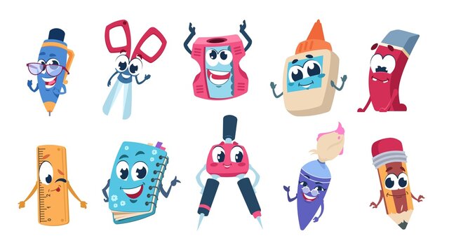 School cartoon characters. Pencil book and educational stationery mascots with happy faces. Vector flat funny school supplies set on white background