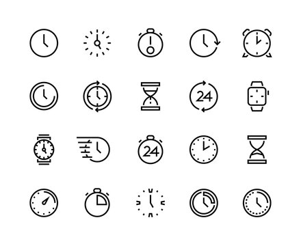 Clock line icons. Time management and schedule planning, simple line symbols of calendar alarm wrist watches and hourglass. Vector image time and date set