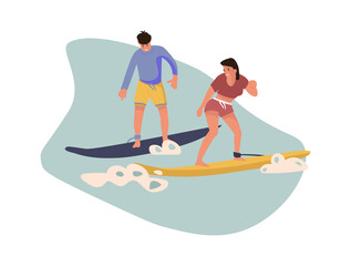 Fototapeta premium Cartoon character surfing. Vector colour image people beach activities. Summer illustrations surfboard on waves on white background
