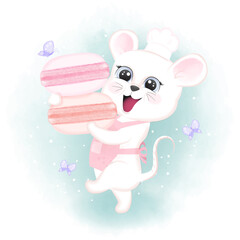 Baby Mouse and Macarons hand drawn cartoon animal watercolor illustration