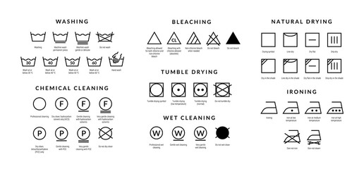 Laundry care icons. Machine and hand wash advice symbols, fabric cotton cloth type for garment labels. Vector illustrations symbolism wash description - obrazy, fototapety, plakaty