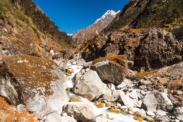 Mountains and small stream water landscape in Mera region, Himalaya mountains range in Nepal