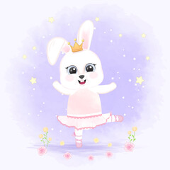 Fototapeta premium Cute little rabbit dancing hand drawn animal illustration watercolor style on purple