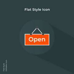 Open sign hanging with chain vector illustration style for using in mobile, website, ui design. Tag label icon. Flat icon vector illustration in trendy lush lava color.