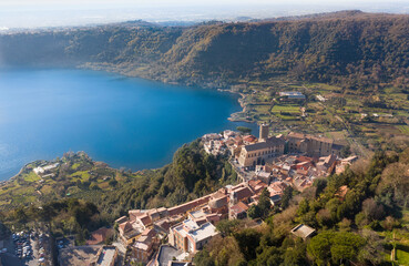 aerial view of the town of nemi on the roman castles with lake view
