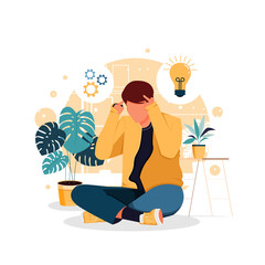 men think while sitting flat design concept. vector illustration