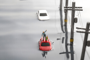 洪水で動けなくなった自動車と電信柱のジオラマ