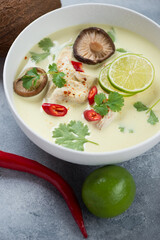 Tom kha gai or thai soup with chicken, mushrooms and coconut milk served in a white bowl, selective focus, close-up