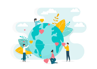 Worldwide charity work. People surrounding planet Earth with love and care, vector illustration in flat style