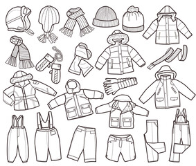 collection of winter children's clothing (coloring book)