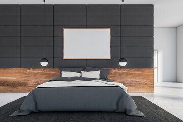 Grey tile and white bedroom interior with poster