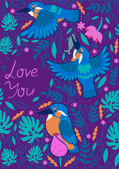 Greeting card with the inscription love you. Kingfishers on a purple background. Vector graphics.