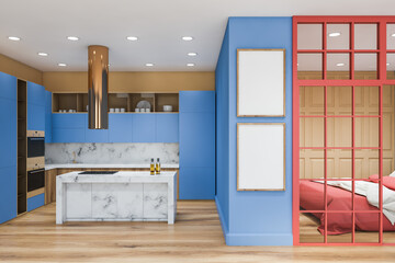 Blue and beige kitchen with posters and bedroom