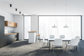 White and grey kitchen interior with bar and table