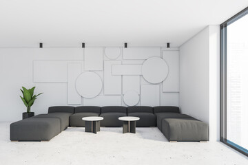 Geometric panoramic living room with grey sofa