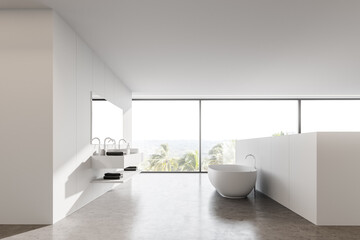 Fototapeta na wymiar Panoramic white bathroom with tub and sink
