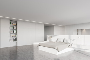 White master bedroom corner with bookcase