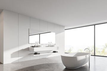 Panoramic white bathroom corner with tub and sink