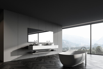 Panoramic grey bathroom corner with tub and sink