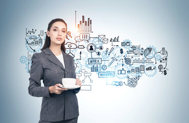 Woman with coffee and her business strategy