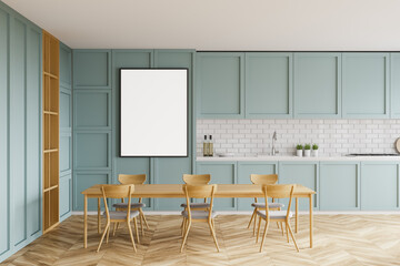 Blue kitchen interior with table and poster