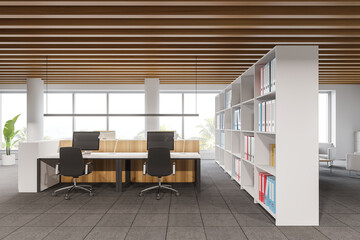 Panoramic white open space office with bookcase