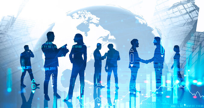 Global stock market, business people in city