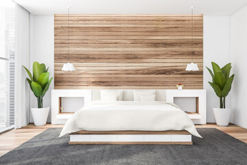White and wooden master bedroom interior