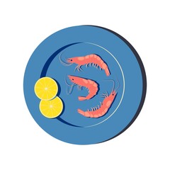 Blue plate with shrimp and slices of lemon. Cooked boiled, fried, grilled seafood, tiger prawns, langoustines. Top View. Vector illustration on a white background.