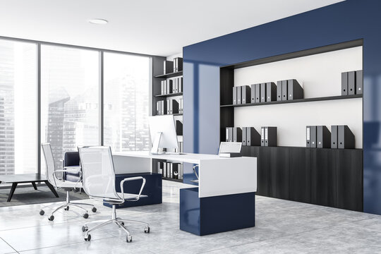White and blue CEO office corner