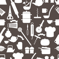 Seamless cute pattern with color kitchen items. Vector illustration