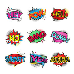 Set of comic text, pop art style or Comic speech bubbles set with different emotions. Vector bright dynamic cartoon illustrations...