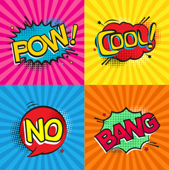 Set of comic text, pop art style or Comic speech bubbles set with different emotions. Vector bright dynamic cartoon illustrations...