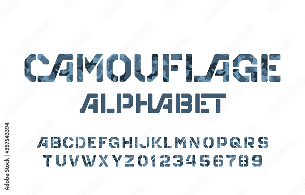 Fototapete camouflage alphabet font. stencil letters and numbers on a white background. vector typescript for y