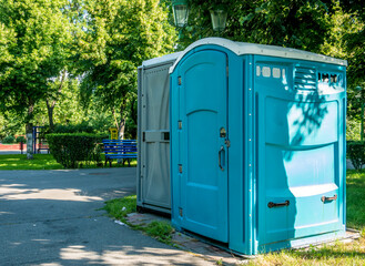 Public portable bio-toilets in Children's World Park in Bucharest, Romania.