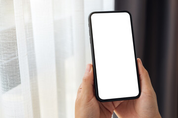 Mockup image of a woman holding mobile phone with blank white desktop screen