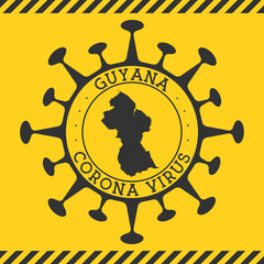 Corona virus in Guyana sign. Round badge with shape of virus and Guyana map. Yellow country epidemy lock down stamp. Vector illustration.