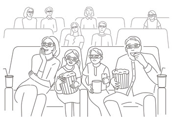 Happy family sitting at cinema or movie theater. Parents with children watching 3d movie or cartoon together. Concept of family pastime. Editable stroke vector illustration.