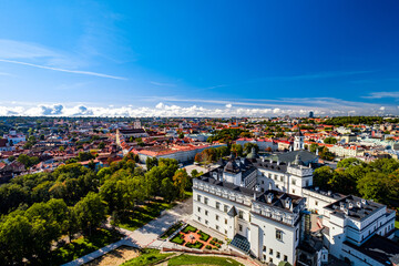 Aerial view of Old Town Vilnius, Lithuania with The Palace of the Grand Dukes of Lithuania in the foreground