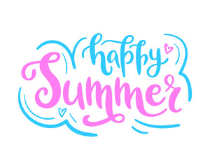 Obraz premium Happy summer handwritten colorful vector lettering. Typographic inscription isolated on white background. Seasonal design for card, web banner, social media or print.