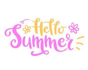 Hello summer handwritten lettering with doodle elements. Vector seasonal phrase isolated on white background. Funny design for sticker, card, poster, web banner, or print.