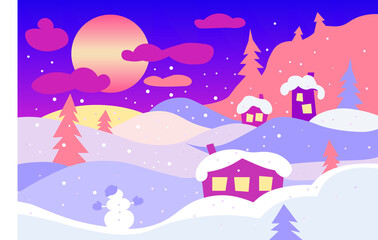 winter landscape, snow valley with houses, moon and clouds